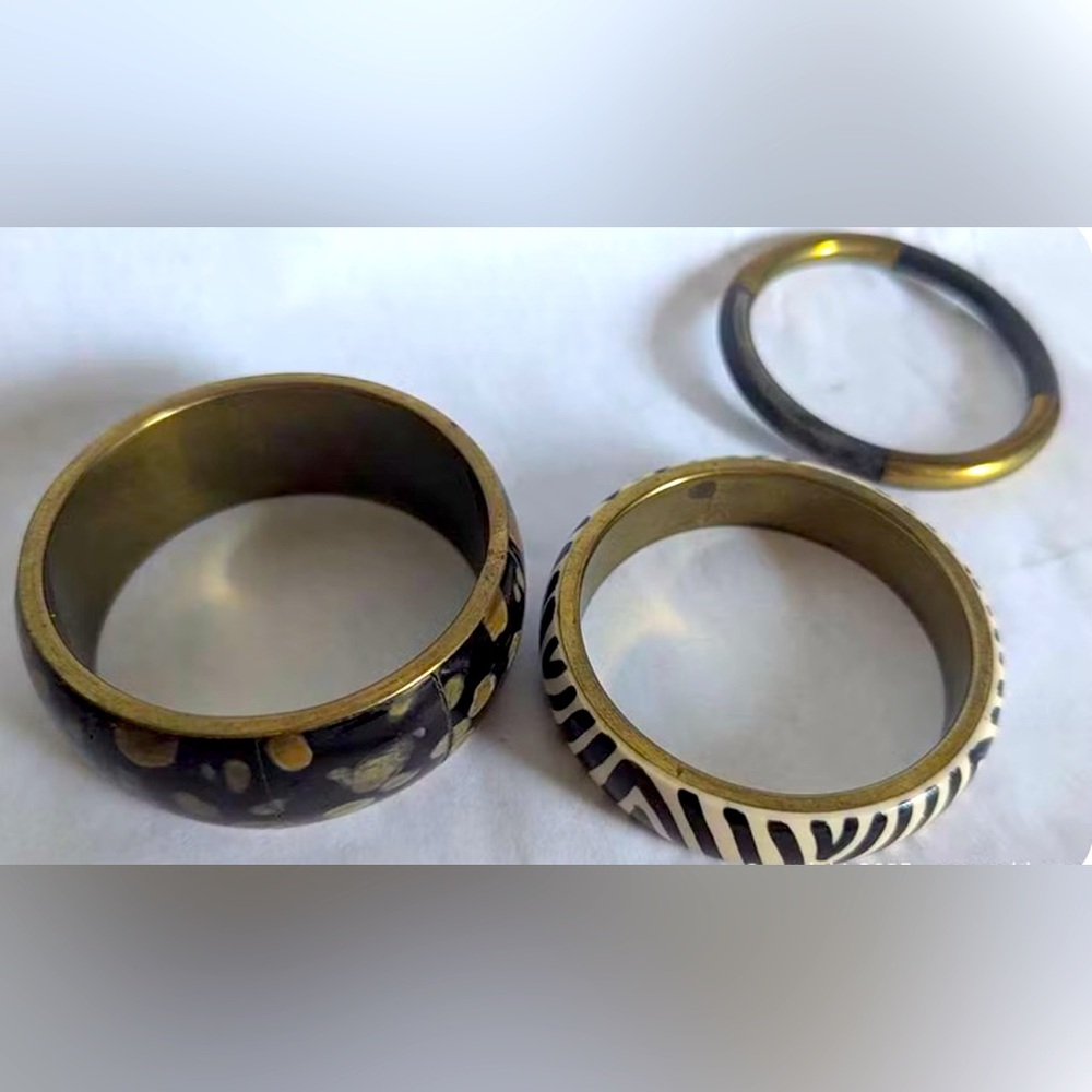 Vintage Zebra Print, Metal & Resin Bangle Bracelet Set of 3